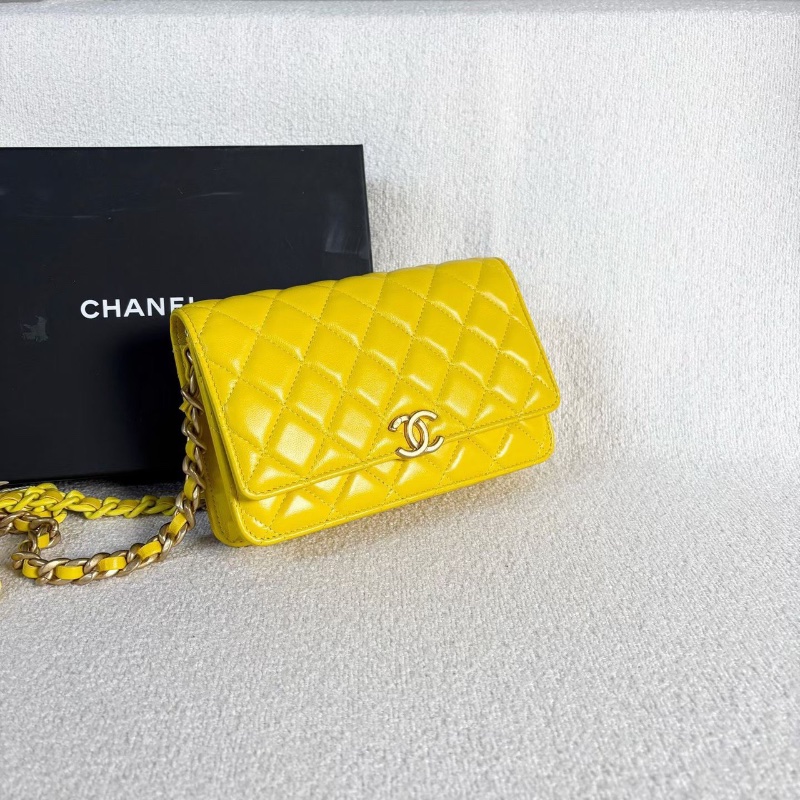 Chanel woc黃色金扣羊皮雙色粗鏈條芯片款19*12*4 98新配件塵袋盒子-3