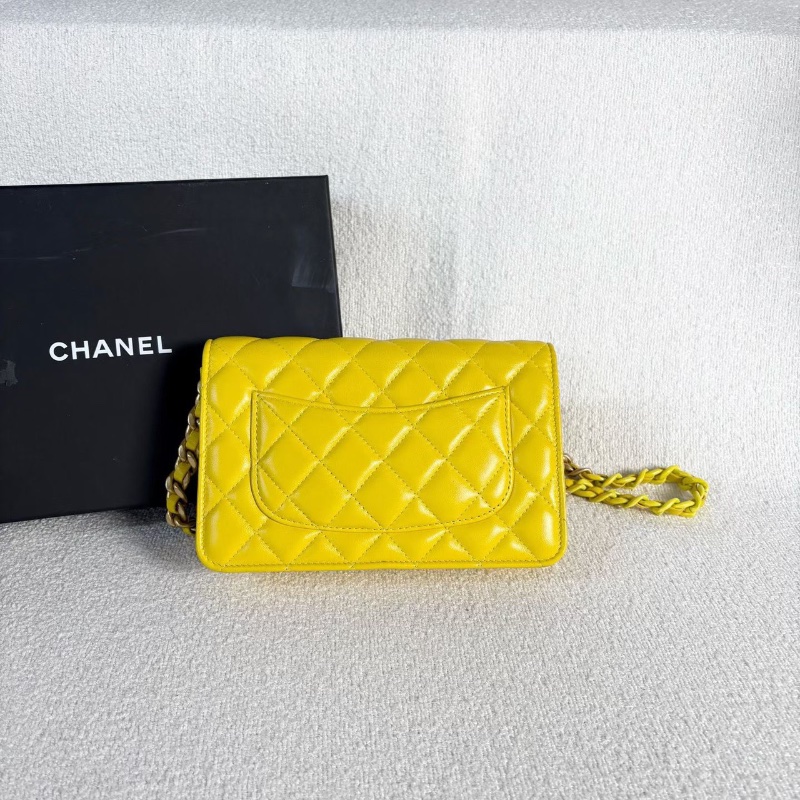 Chanel woc黃色金扣羊皮雙色粗鏈條芯片款19*12*4 98新配件塵袋盒子-5