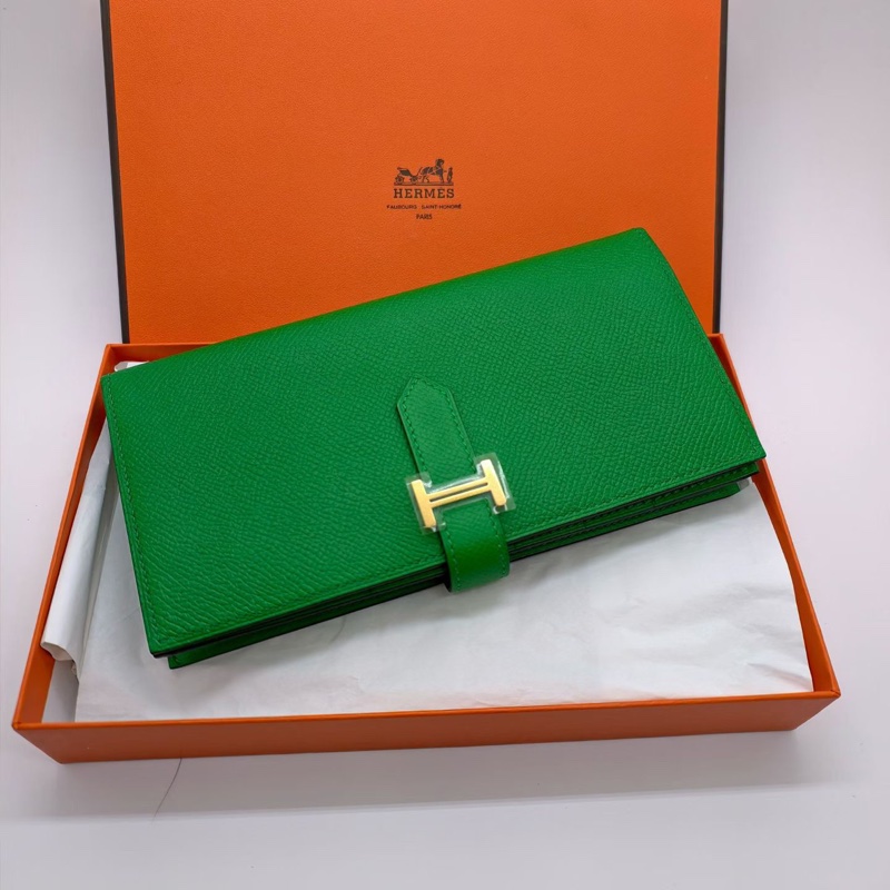 99%新 閑置未使用 HERMES愛馬仕 Bearn長款錢包 綠色金扣epsom皮-0