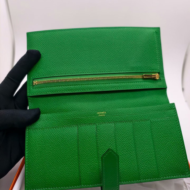 99%新 閑置未使用 HERMES愛馬仕 Bearn長款錢包 綠色金扣epsom皮-5