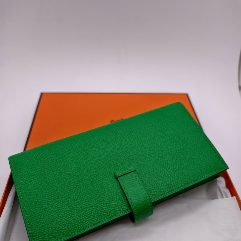 99%新 閑置未使用 HERMES愛馬仕 Bearn長款錢包 綠色金扣epsom皮-7