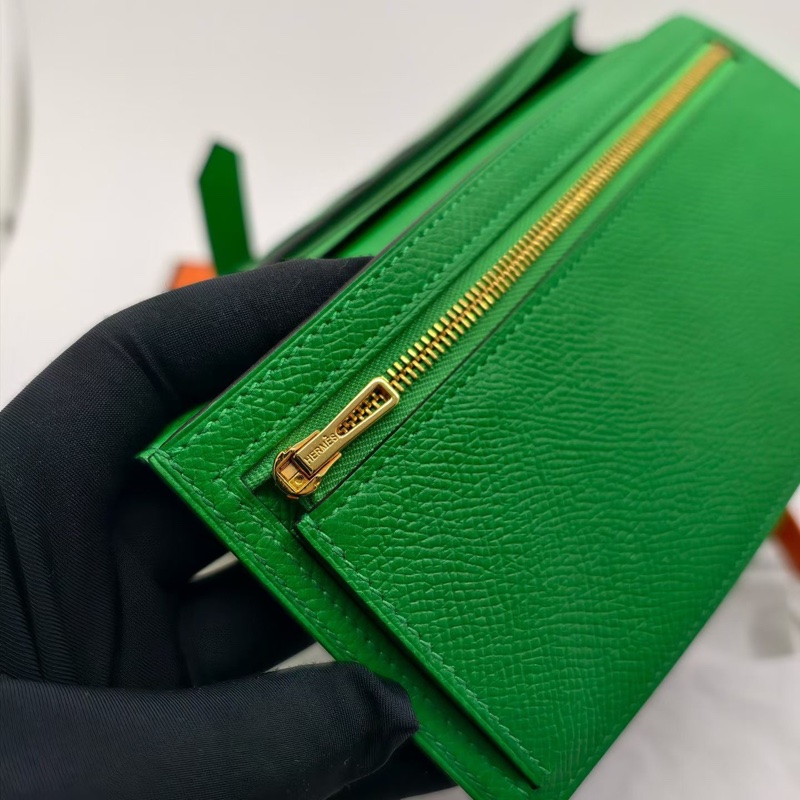 99%新 閑置未使用 HERMES愛馬仕 Bearn長款錢包 綠色金扣epsom皮-11