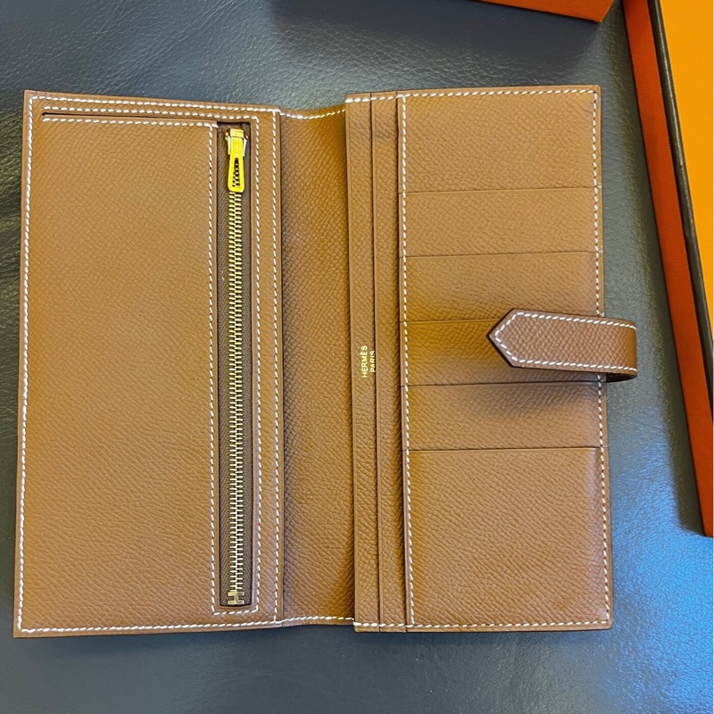 98%新 愛馬仕 Hermes Bearn金扣長款錢包棕色Epsom皮-8