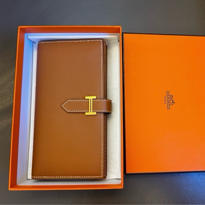 98%新 愛馬仕 Hermes Bearn金扣長款錢包棕色Epsom皮-10