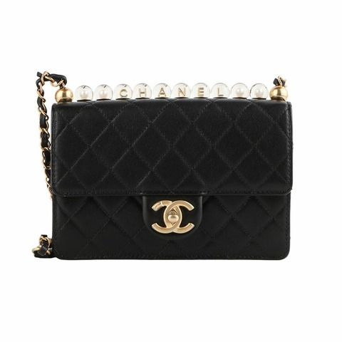 CHANEL AS0585 壓克力珠飾翻蓋斜背包 中號 黑色 /