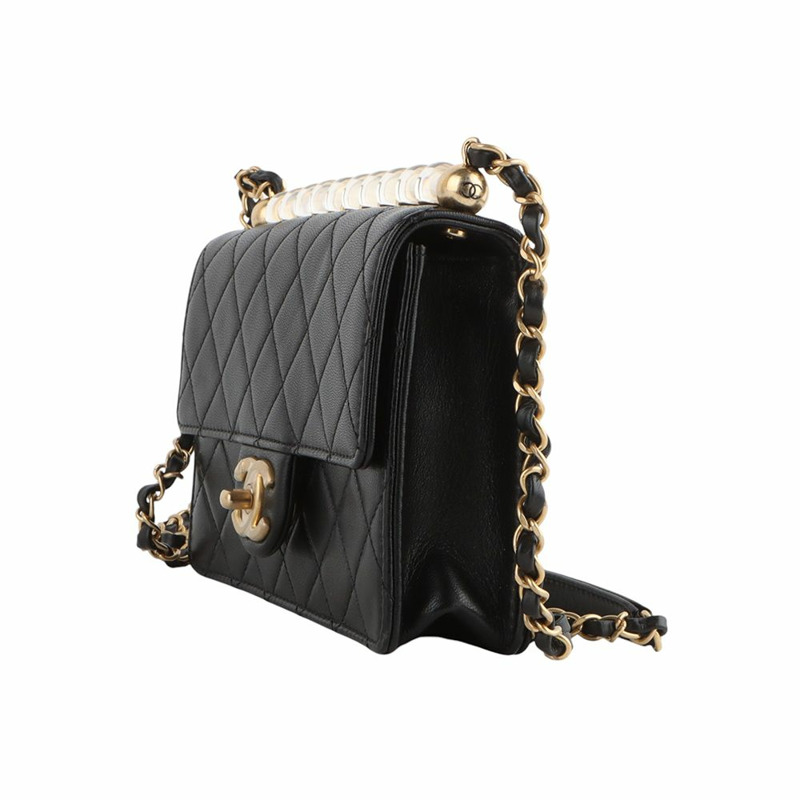 【包稅】CHANEL AS0585 壓克力珠飾翻蓋斜背包 中號 黑色 /-1