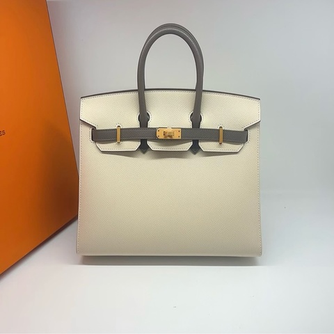 有購証 🩷✨ 愛馬仕Birkin 25奶昔白拼錫器灰馬蹄印E皮