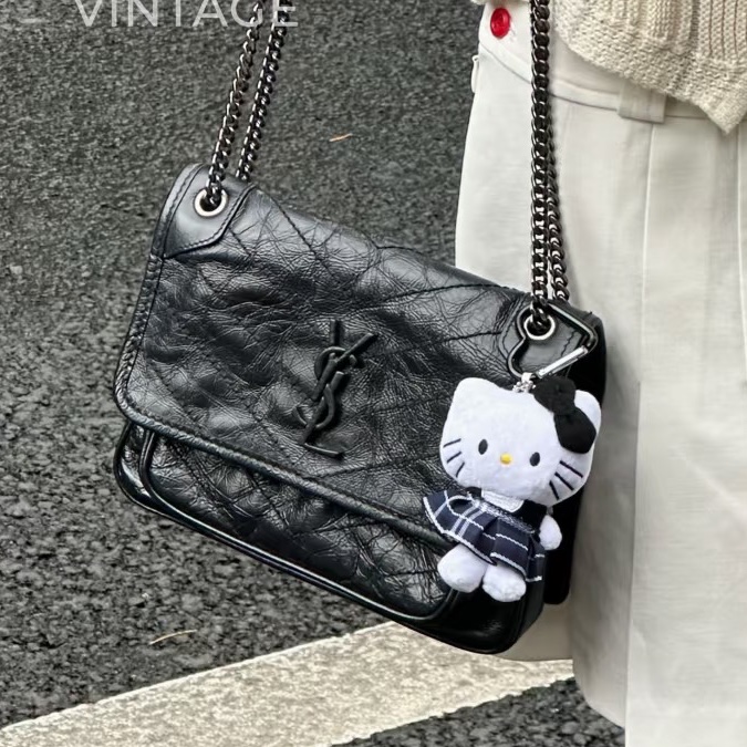 酷颯氛圍感🕶️超優惠😍Ysl聖羅蘭全黑系列油蠟皮Niki小號鏈條包單肩斜背包-1