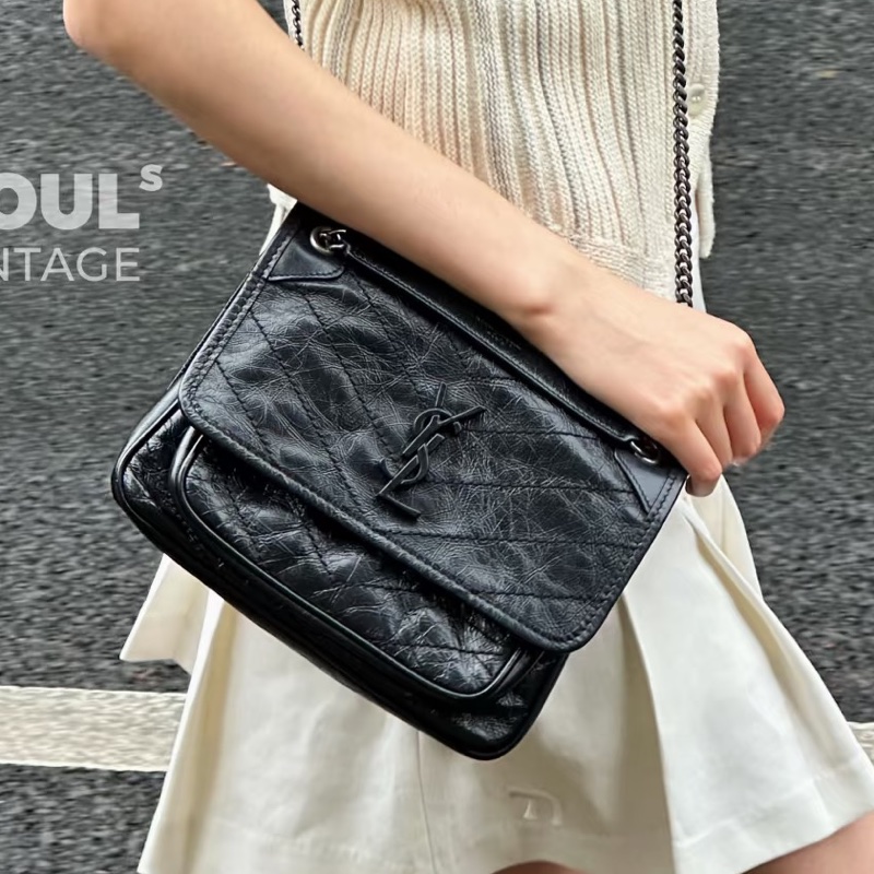 酷颯氛圍感🕶️超優惠😍Ysl聖羅蘭全黑系列油蠟皮Niki小號鏈條包單肩斜背包-2