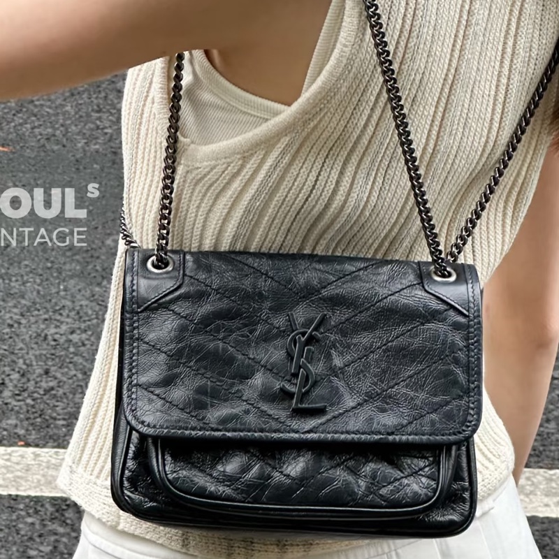 酷颯氛圍感🕶️超優惠😍Ysl聖羅蘭全黑系列油蠟皮Niki小號鏈條包單肩斜背包-3