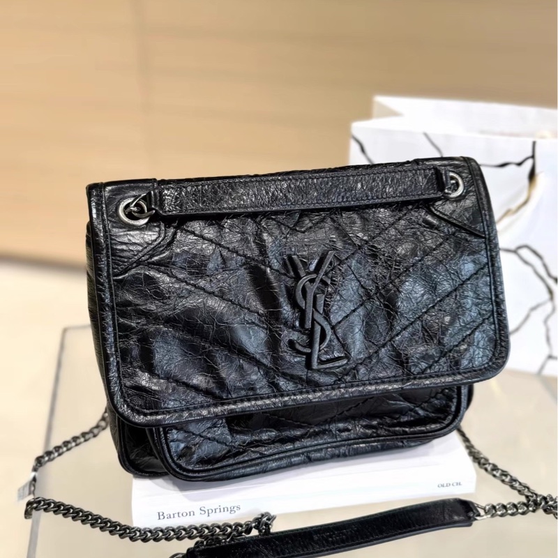 酷颯氛圍感🕶️超優惠😍Ysl聖羅蘭全黑系列油蠟皮Niki小號鏈條包單肩斜背包-7