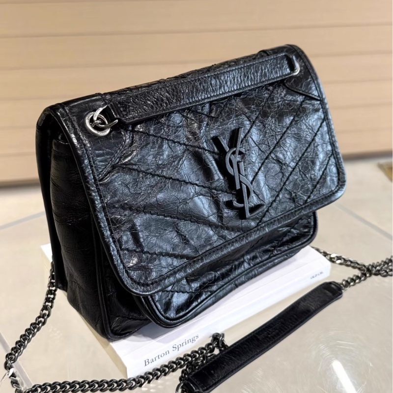 酷颯氛圍感🕶️超優惠😍Ysl聖羅蘭全黑系列油蠟皮Niki小號鏈條包單肩斜背包-8