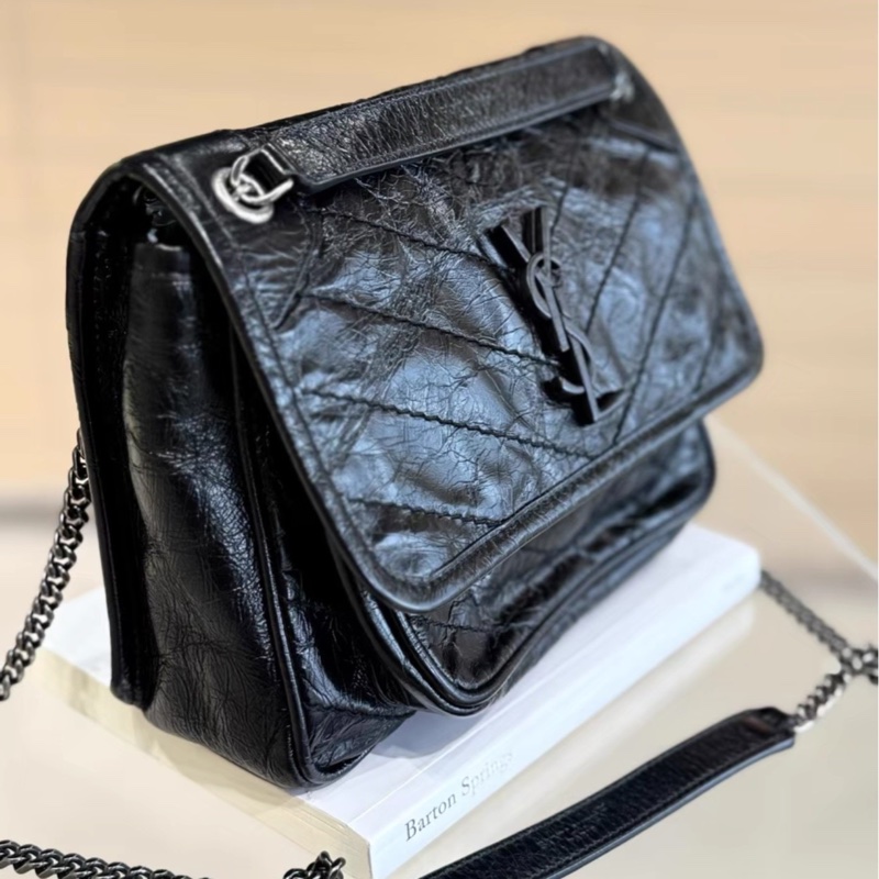 酷颯氛圍感🕶️超優惠😍Ysl聖羅蘭全黑系列油蠟皮Niki小號鏈條包單肩斜背包-9