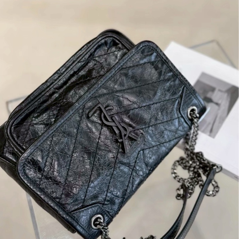 酷颯氛圍感🕶️超優惠😍Ysl聖羅蘭全黑系列油蠟皮Niki小號鏈條包單肩斜背包-13