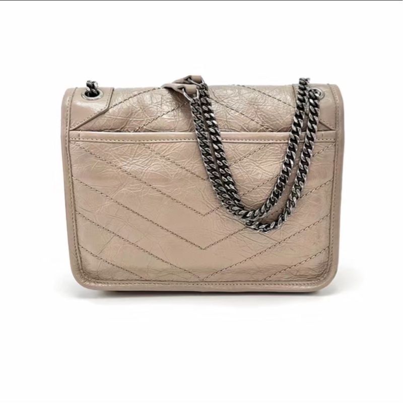 法式時髦感🏷️99新🈶購證😍Ysl聖羅蘭奶茶色油蠟皮Niki小號鏈條單肩斜背包-4