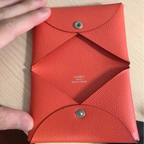 超值好價 9成新 愛馬仕 Hermes Calvi 卡夾名片夾 EPSOM 橘紅色調