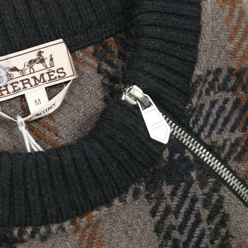 愛馬仕男士格紋針織衫，#M 格紋羊毛聚酯混紡，灰色多色，二手。-4