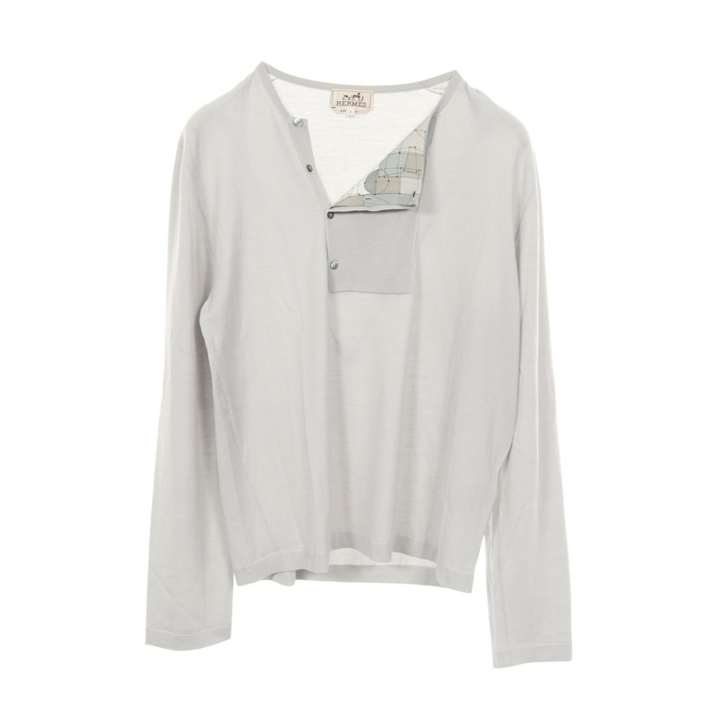 愛馬仕亨利領針織毛衣 #S 羊毛絲灰色二手男款-0