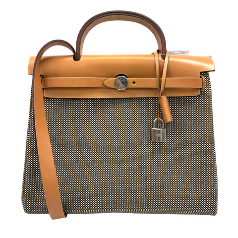 棕色 帆布 牛皮 Toile Vache hunter HerBag 31 【HERMES 愛馬仕】
