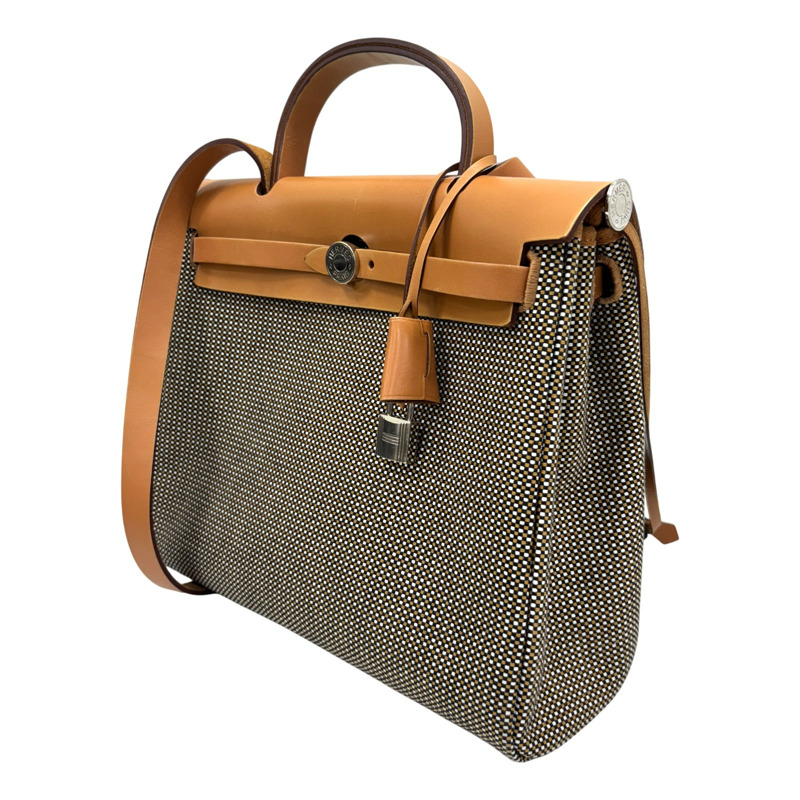 棕色 帆布 牛皮 Toile Vache hunter HerBag 31 【HERMES 愛馬仕】-1
