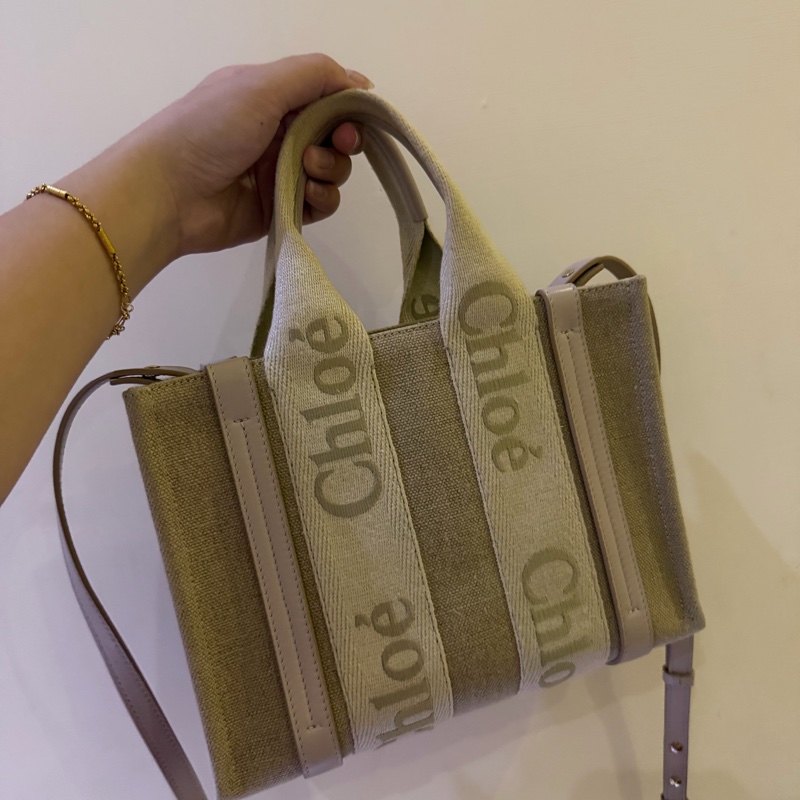 chloe woody tote bag 小號帆布包 帆布托特包 粉色刺繡款-0