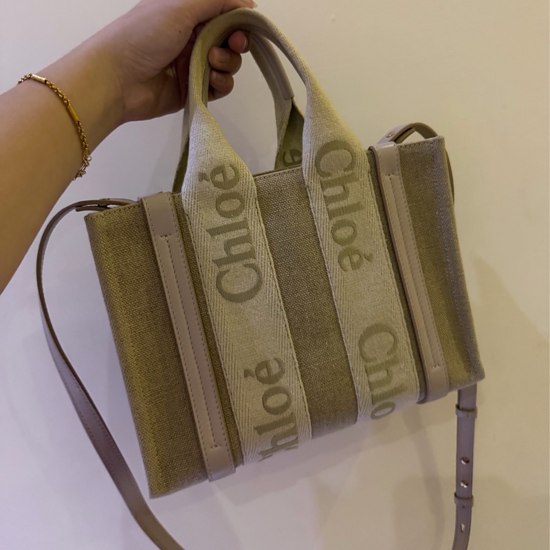 chloe woody tote bag 小號帆布包 帆布托特包 粉色刺繡款-5