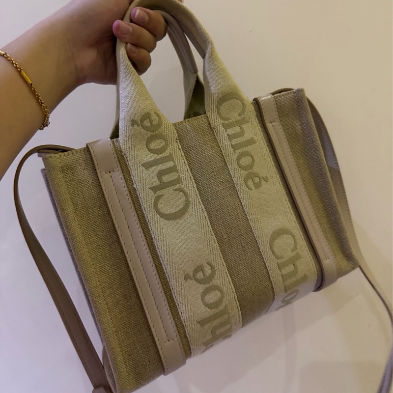chloe woody tote bag 小號帆布包 帆布托特包 粉色刺繡款-13