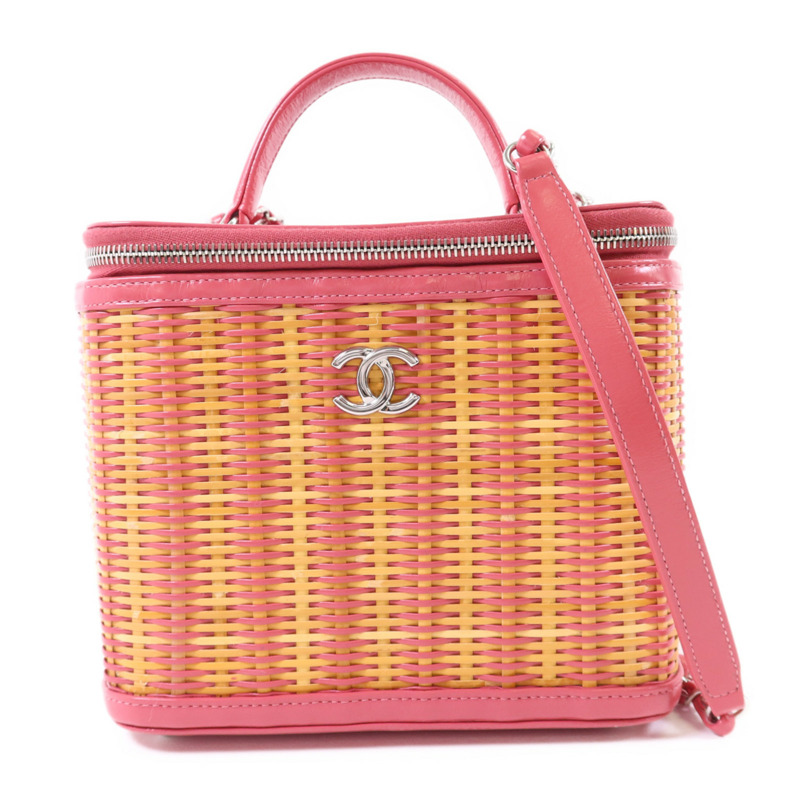 CHANEL 牛皮皮革Wicker Vanity銀扣鏈帶手挽肩背兩用袋-0