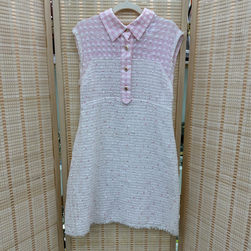 Chanel 粉紅色拼接編織洋裝 38碼-0