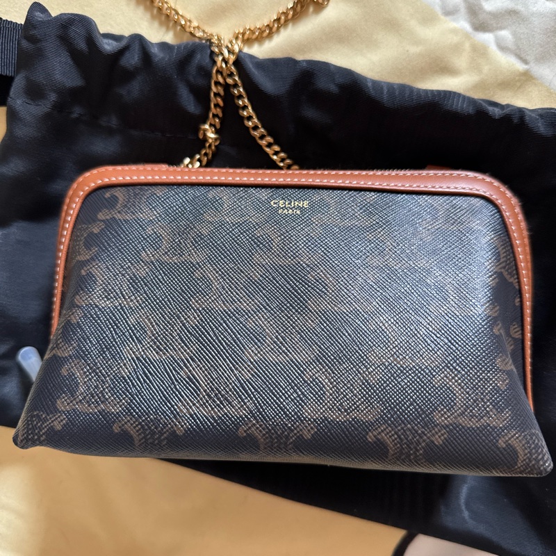 celine 老花貝殼包/標誌印花及羊皮革飾鍊手提包-0