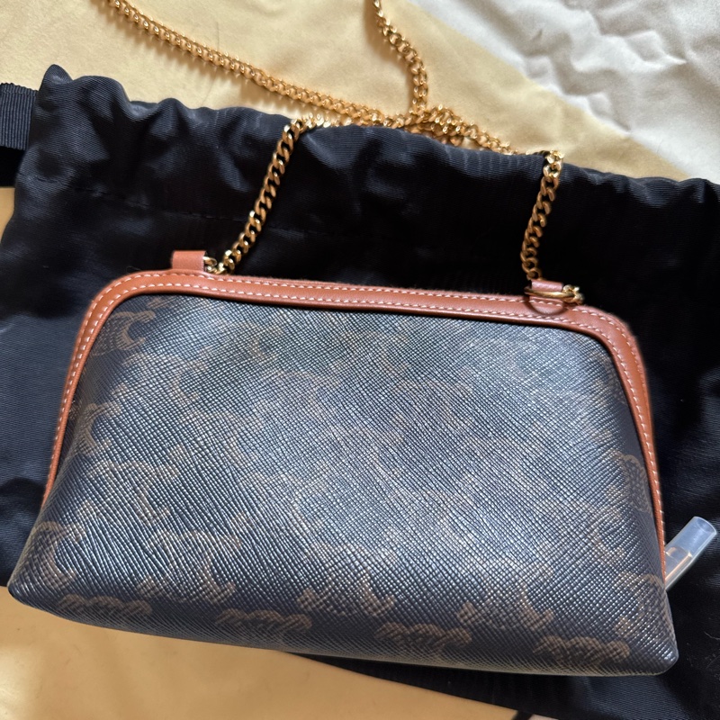 celine 老花貝殼包/標誌印花及羊皮革飾鍊手提包-1