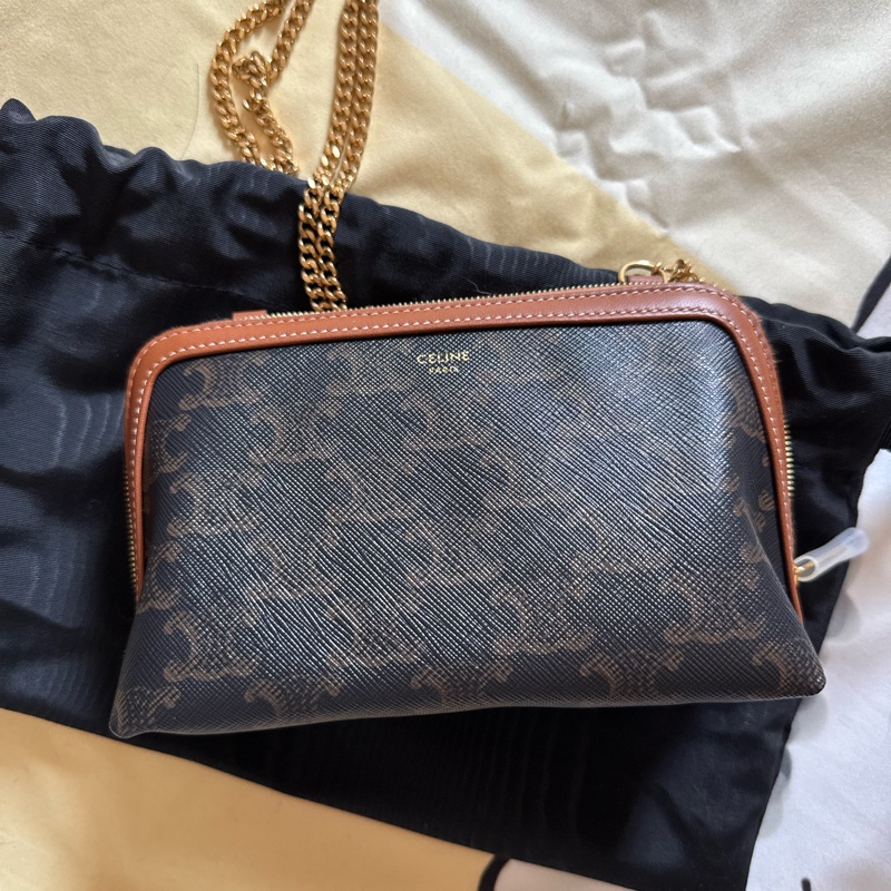 celine 老花貝殼包/標誌印花及羊皮革飾鍊手提包-5