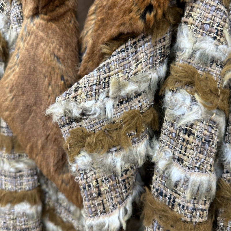 Chanel 10年棕色條紋粗呢毛領皮草大衣外套 38碼-1