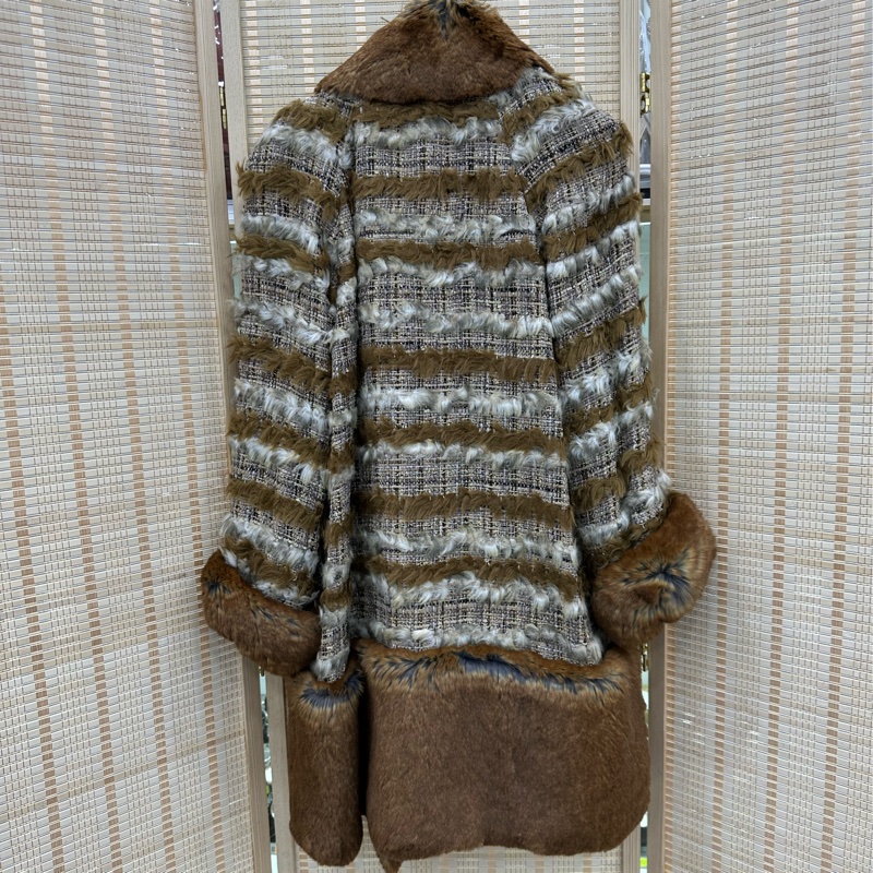 Chanel 10年棕色條紋粗呢毛領皮草大衣外套 38碼-4