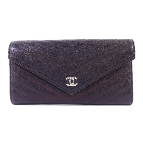 CHANEL 牛皮皮革Long Wallet銀扣長錢包
