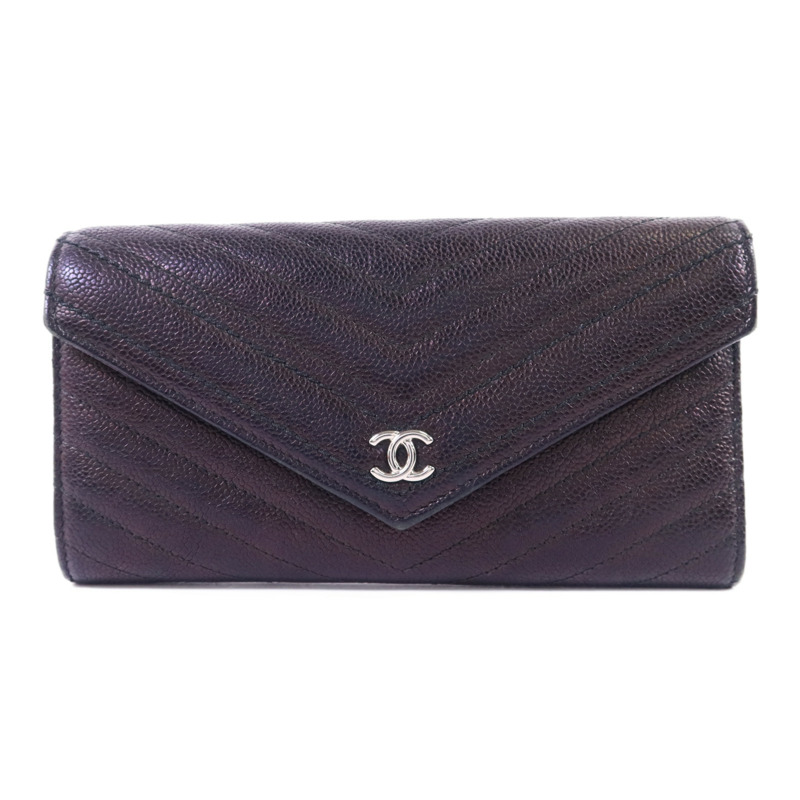 CHANEL 牛皮皮革Long Wallet銀扣長錢包-0