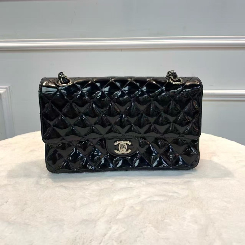 Chanel CF中號 黑銀漆皮 經典斜孭袋包-0