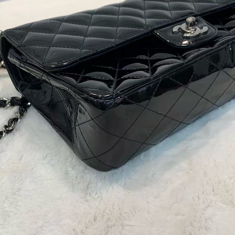 Chanel CF中號 黑銀漆皮 經典斜孭袋包-2