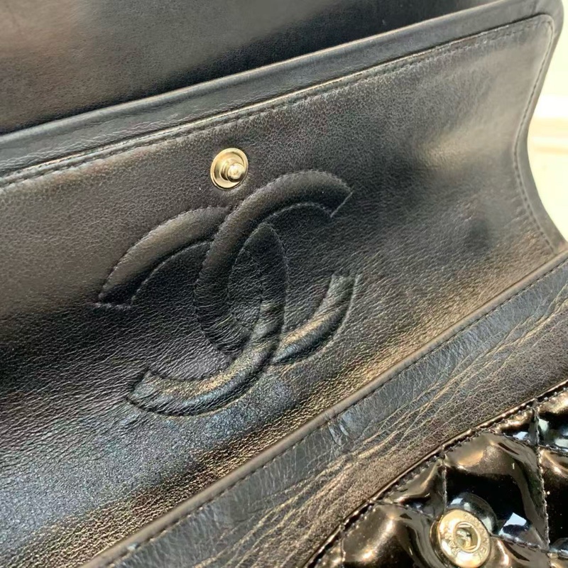 Chanel CF中號 黑銀漆皮 經典斜孭袋包-5