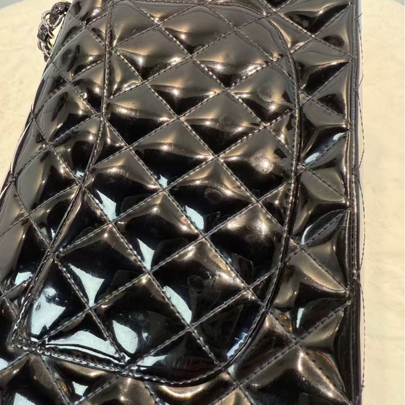 Chanel CF中號 黑銀漆皮 經典斜孭袋包-6