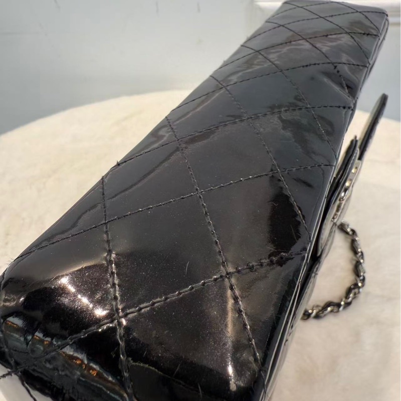 Chanel CF中號 黑銀漆皮 經典斜孭袋包-7