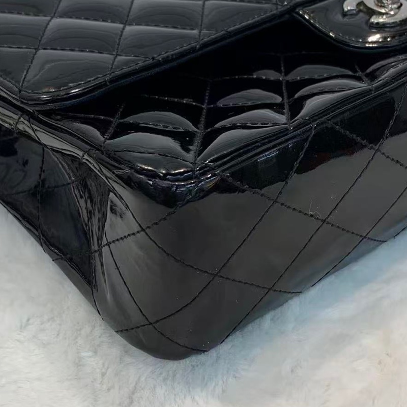 Chanel CF中號 黑銀漆皮 經典斜孭袋包-10