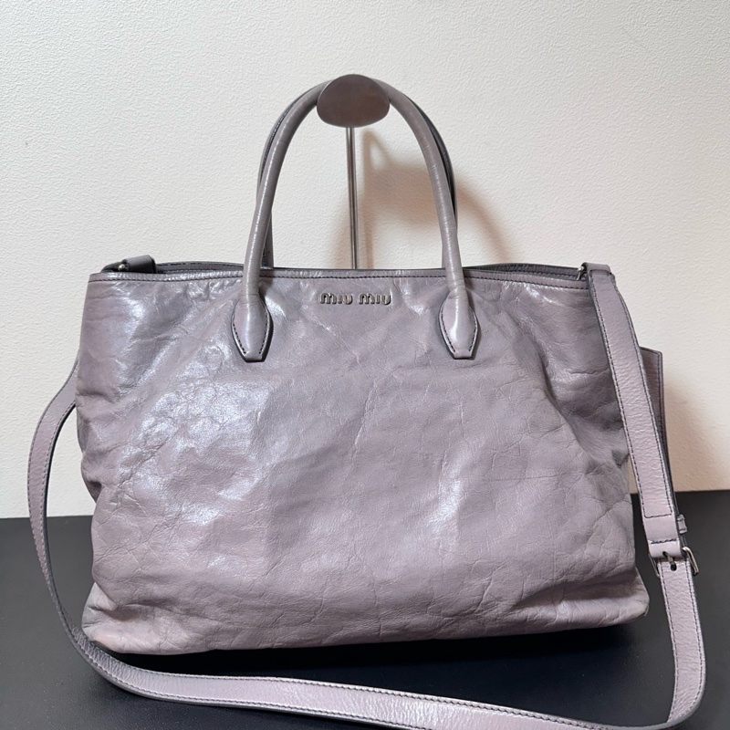 Miu Miu • 油臘皮霧霾灰紫色托特包 Tote-0