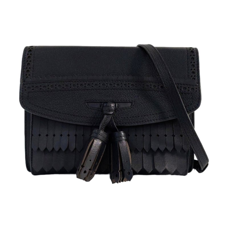 BURBERRY Macken小號黑色牛皮流蘇鏤空單肩包斜挎包手拿包 金色五金 可拆卸肩帶-0