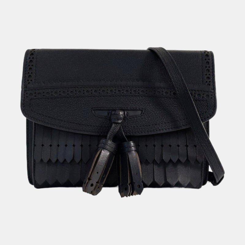 BURBERRY Macken小號黑色牛皮流蘇鏤空單肩包斜挎包手拿包 金色五金 可拆卸肩帶-7