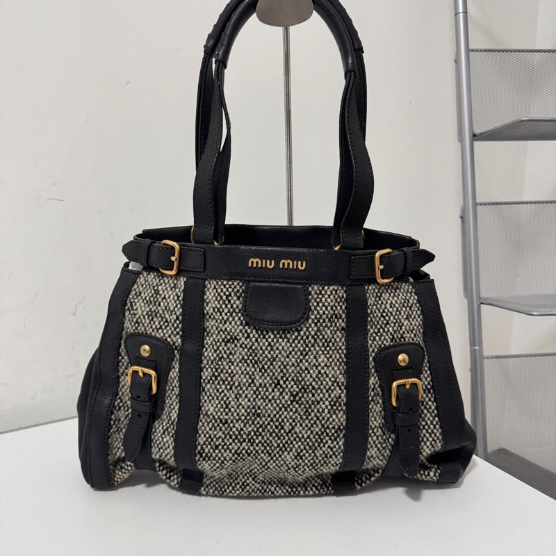 Miu Miu • 學院風灰色毛呢綁帶包-4