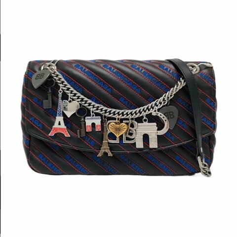 BALENCIAGA BB黑色牛皮壓紋絎縫單肩包手提包斜挎包 9.8新