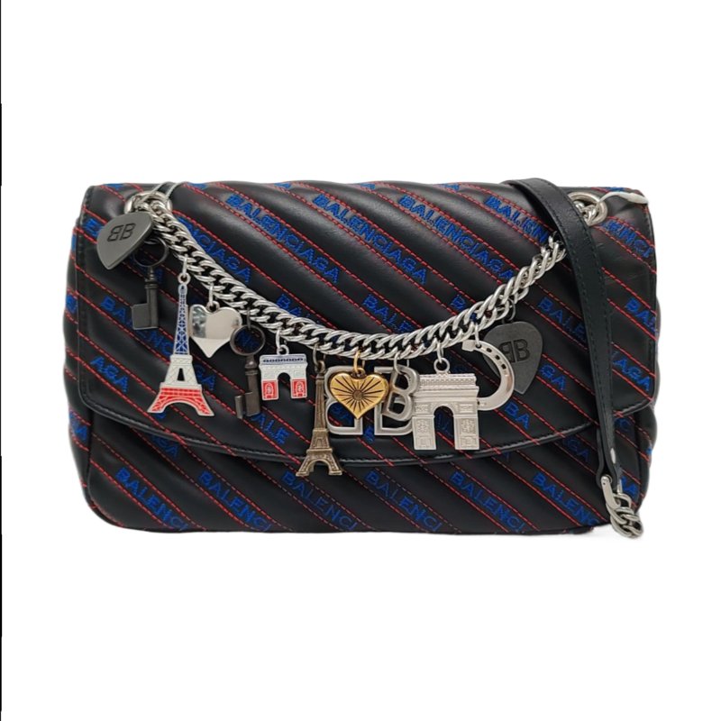 BALENCIAGA BB黑色牛皮壓紋絎縫單肩包手提包斜挎包 9.8新-0