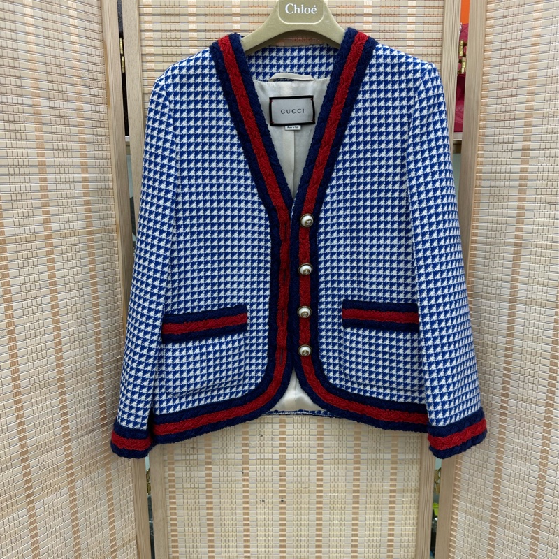 Gucci羊毛呢外套 藍白格紋 近全新 40碼-0