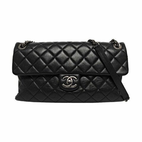 CHANEL 大號黑色羊皮菱格紋絎縫單肩包斜挎包 釘色五金 20開